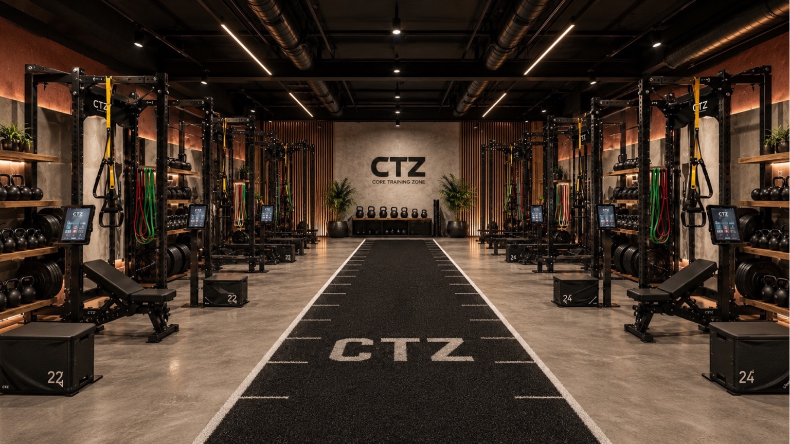 Render oficial do CTZ Studio com racks alinhados, pista técnica central e painel CTZ ao fundo